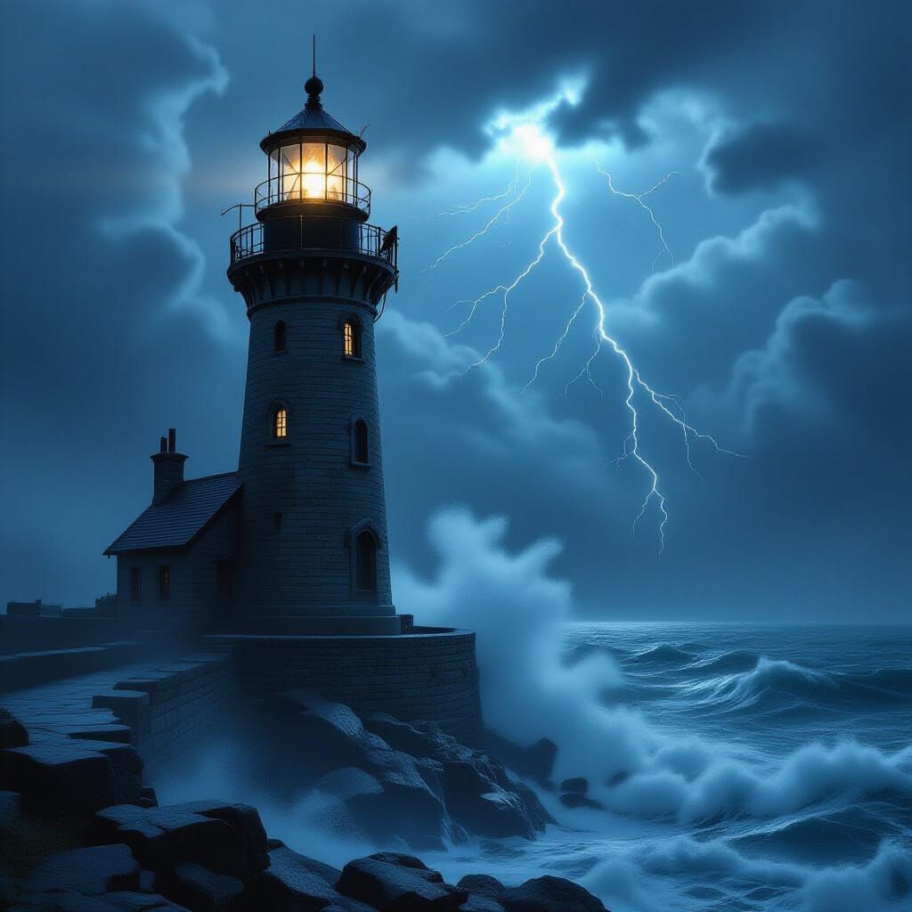 Gothic Vampire in Lighthouse During Stormy Night