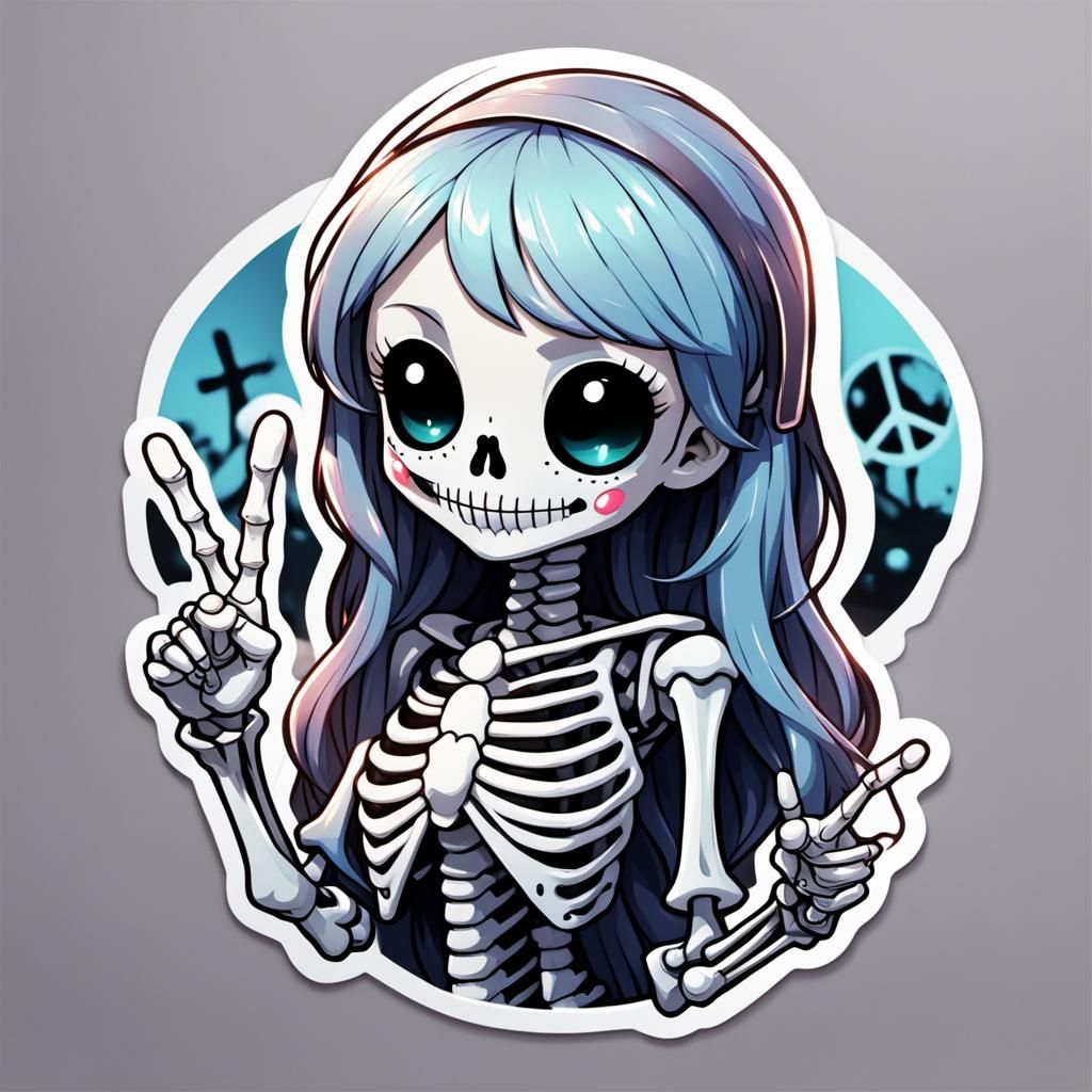 Cute Kawaii Skeleton Girl Peace Sign, Anime Style
