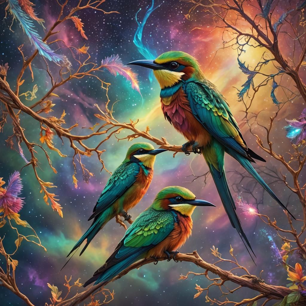 Bee-Eater Birds in Surreal Astral Illustration