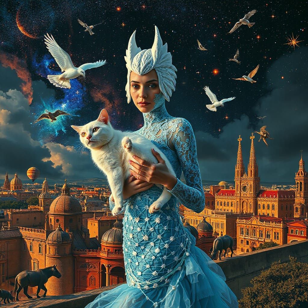 Ethereal Bird-Headed Woman in Gaudí's Dreamscape