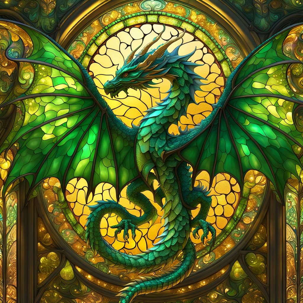 Green Dragon Stained Glass with Fractal Gems