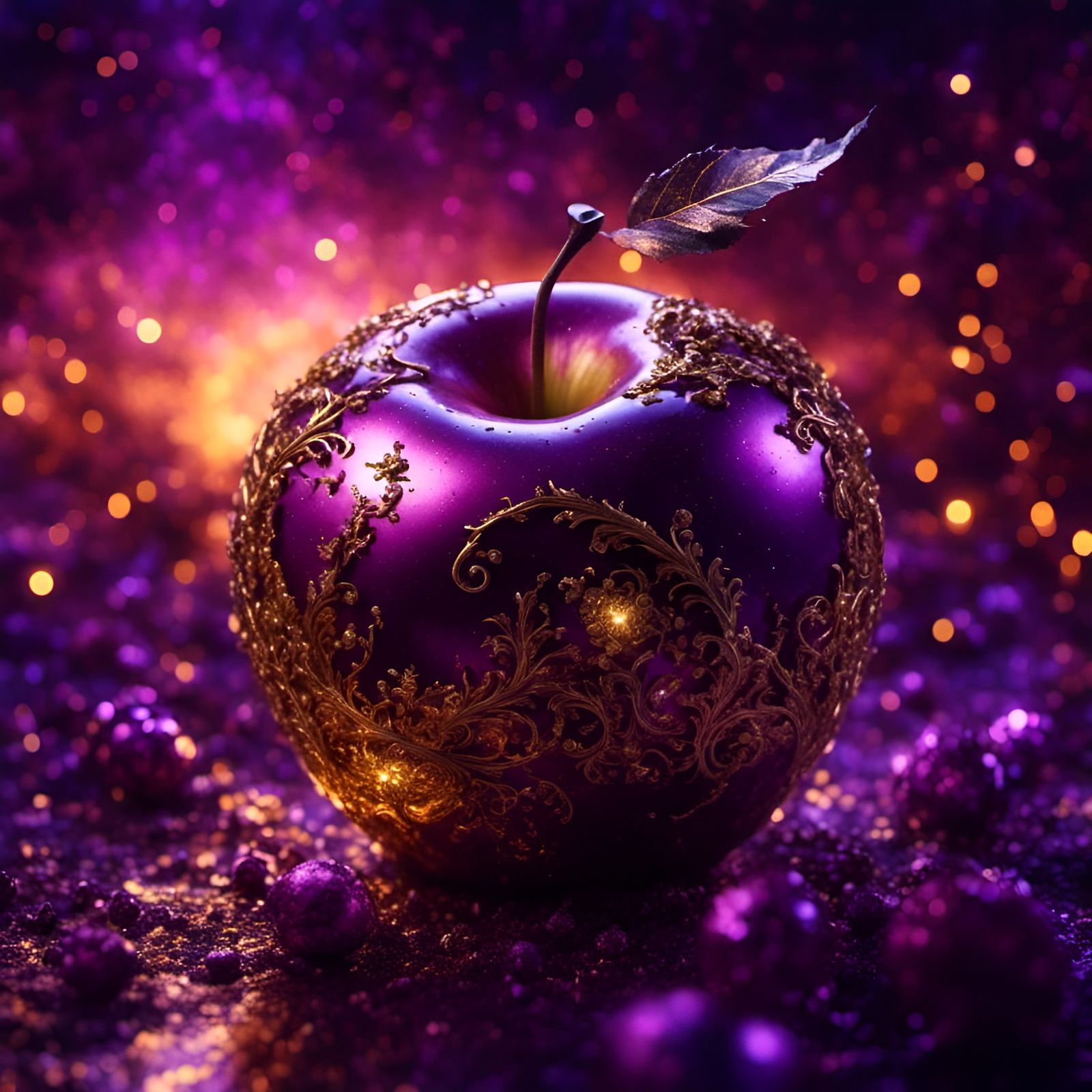 Enchanted Golden Apple in Cosmic Winter Night