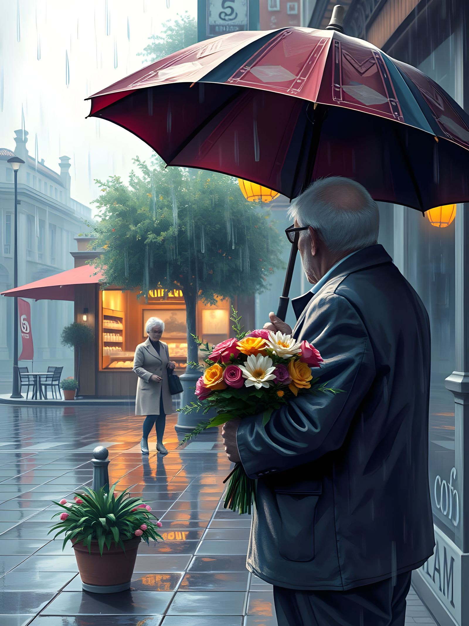 Romantic Digital Painting of Elderly Couple in the Rain