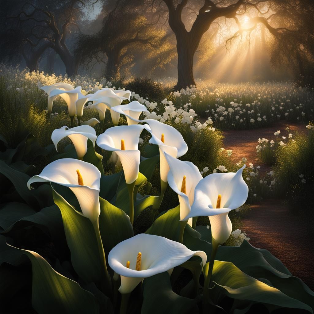 Calla Lilies in Garden at Magic Hour