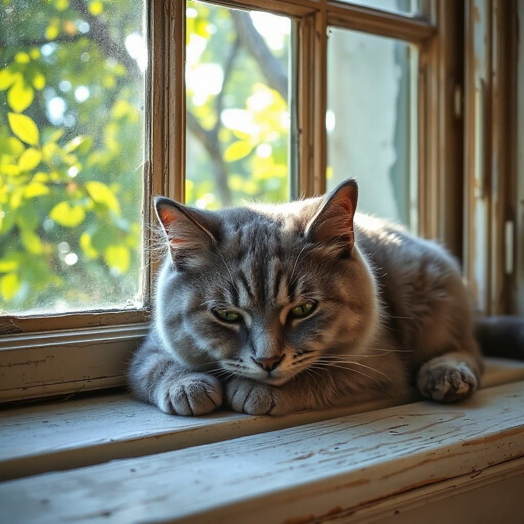 Grey Scottish Fold Cat in Warm Summer Sunlight