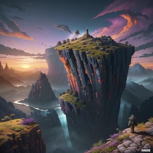 Vibrant Hero on Rocky Outcrop in Dreamy Sunset