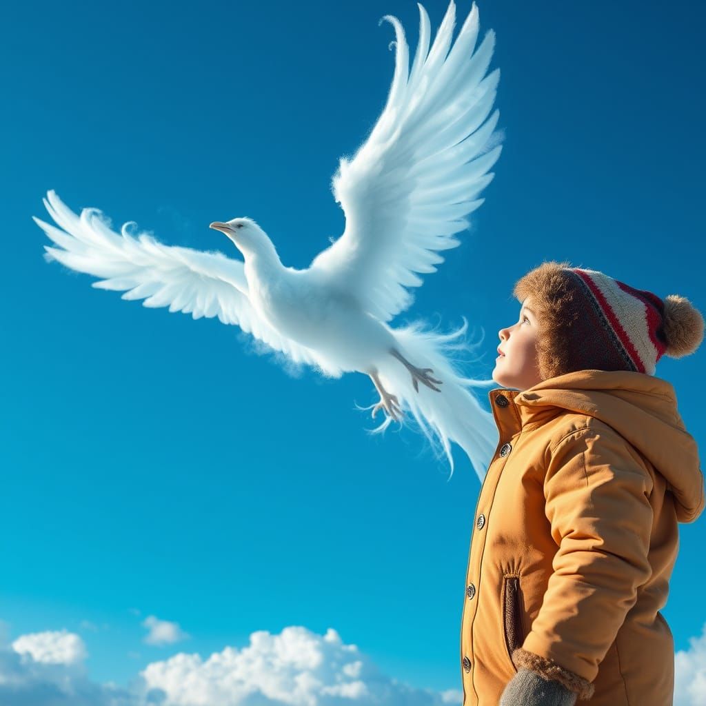 Surreal Winter Wonder Child Gazes at Majestic Phoenix Cloud