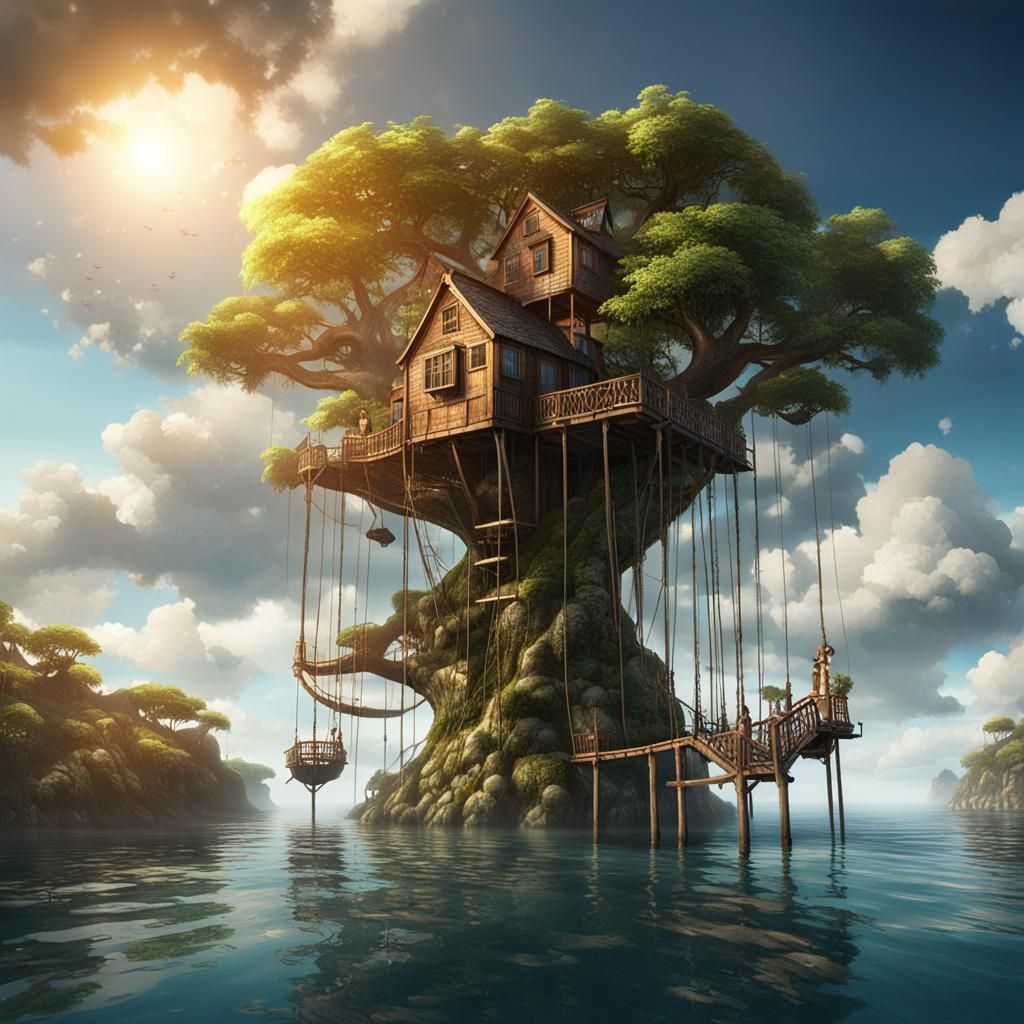 Ocean Treehouses Connected by Bridge: Fantasy Art