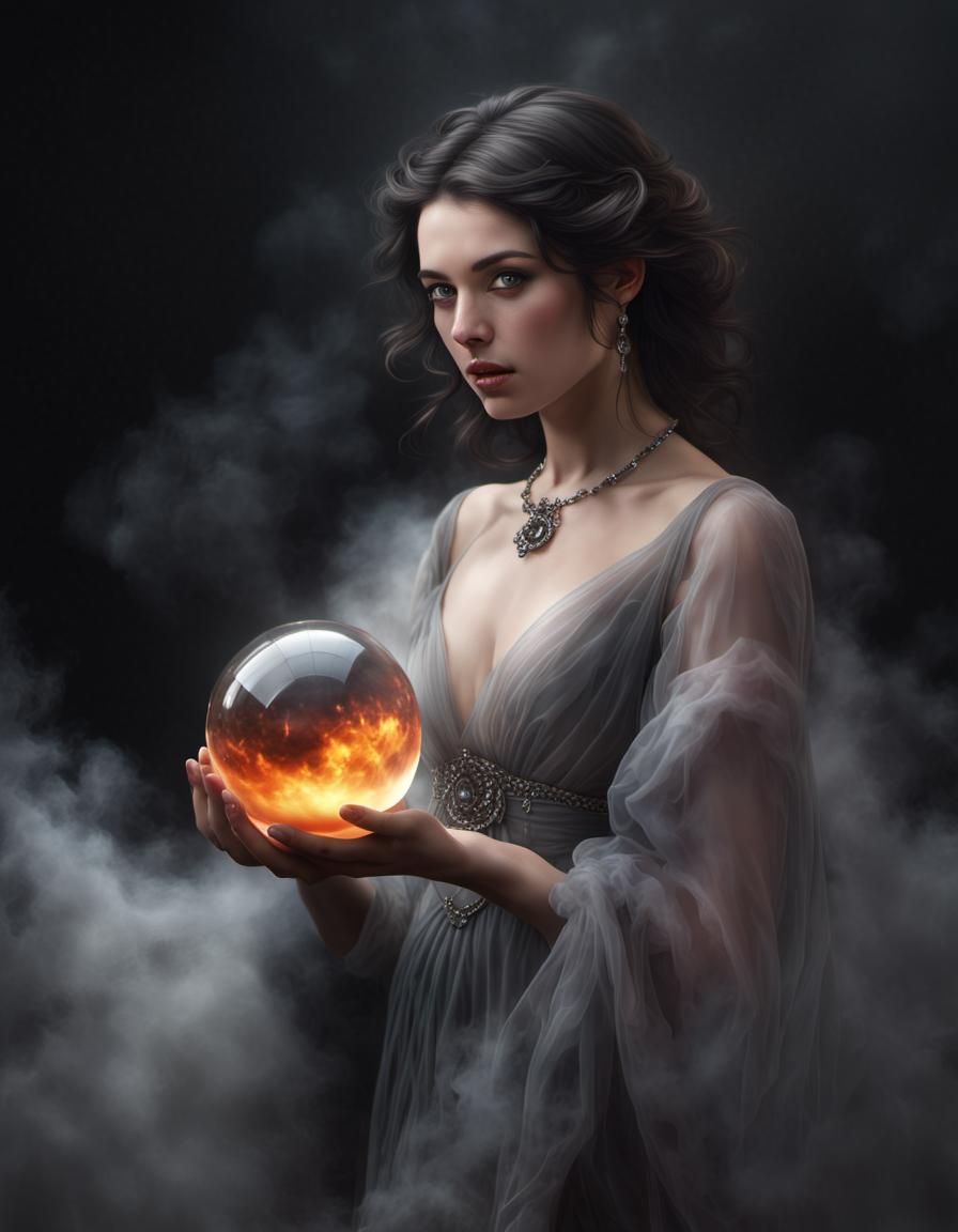 Woman with Crystal Ball in Hyperrealistic Style