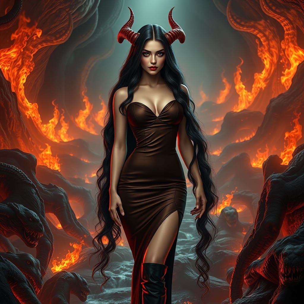 Gothic Lilith Emerges from Lava in Cyberpunk Style