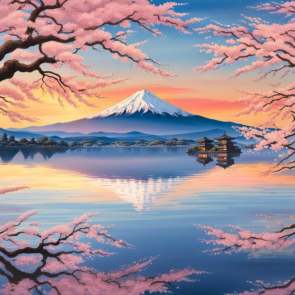 Elegant Sunset over Mount Fuji in Minimalist Japanese Style