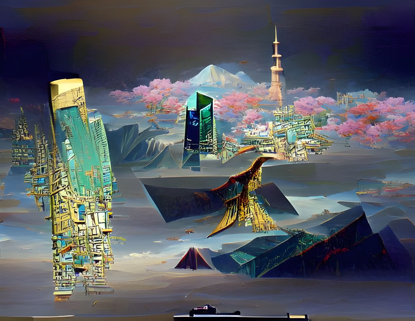 Futuristic Japanese City in Neoclassical Cyberpunk Style