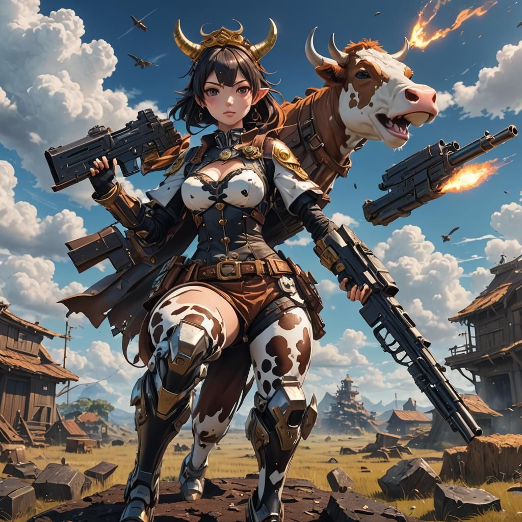 Cow with Gun in Detailed Matte Painting