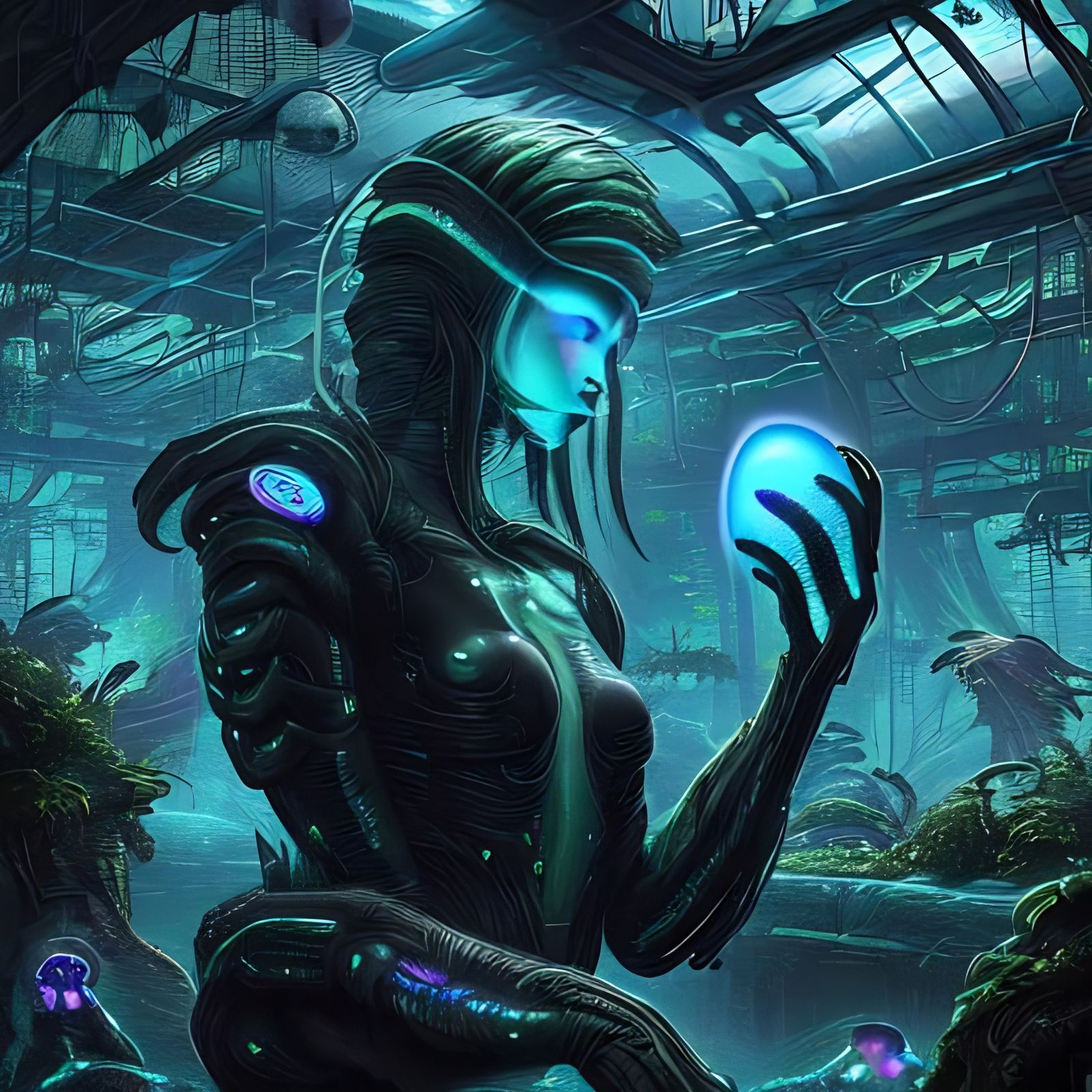 Biopunk Egg in Bioluminescent Cyberpunk Greenhouse