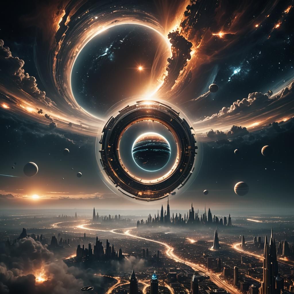 Majestic Ring City Orbiting Gas Giant in Space