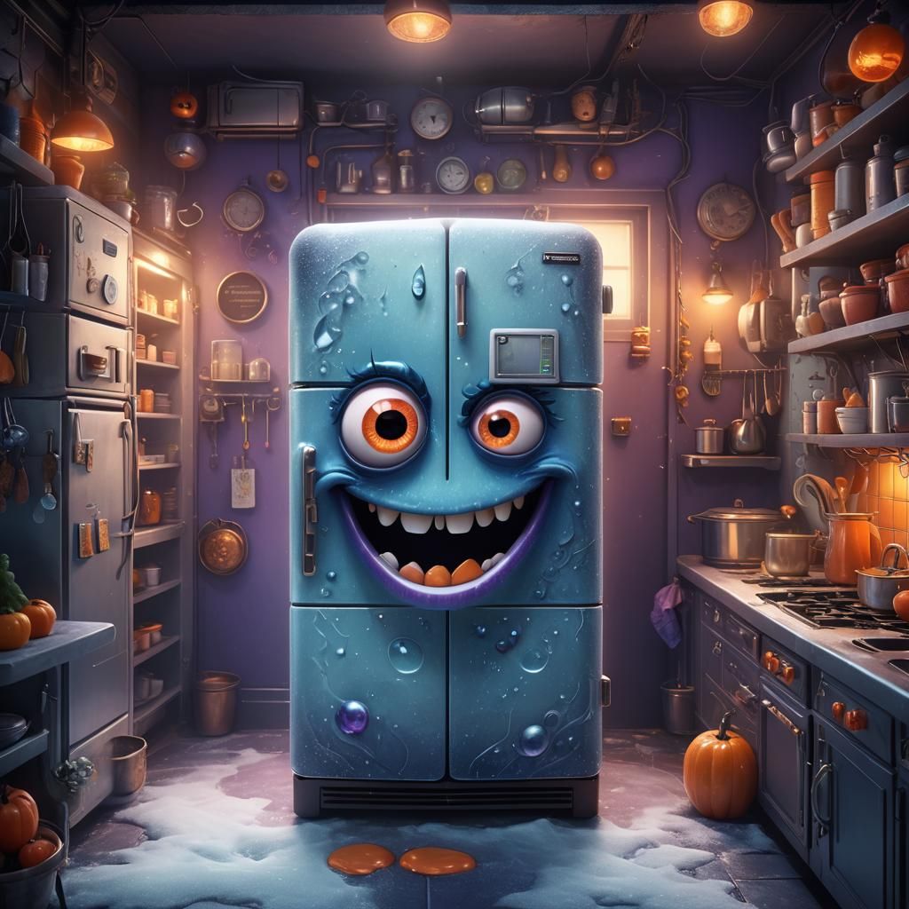 Cartoon Refrigerator with Magical Kitchen, Digital Art