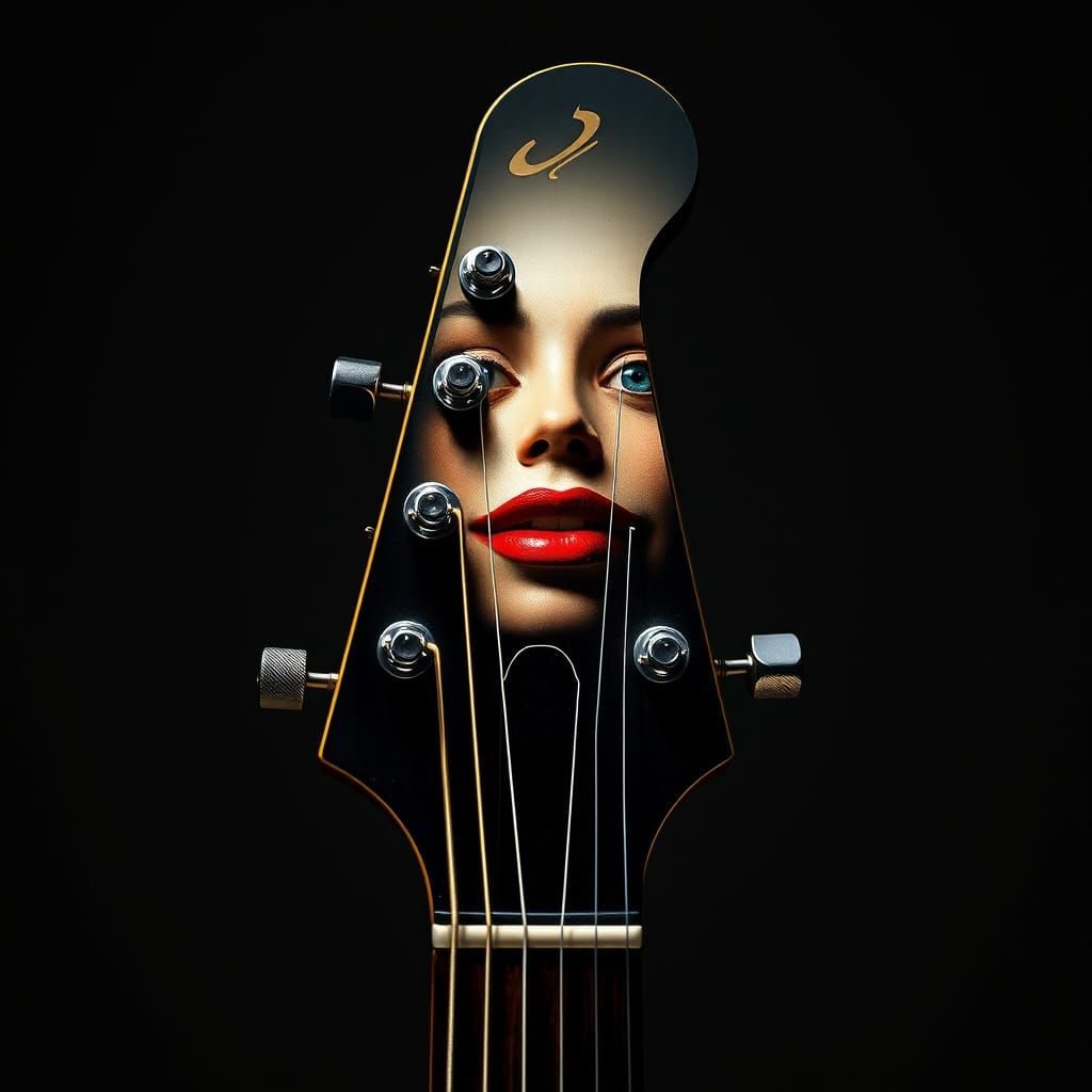 Surrealist Guitar with Human Face Elements in Hyperrealistic...