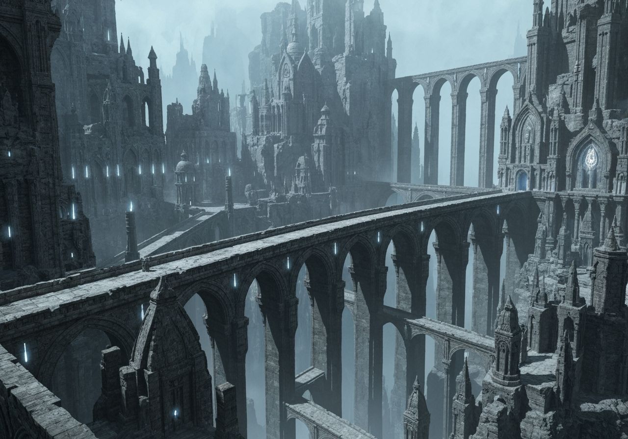 Ancient Cityscape With Misty Atmosphere And Silver Lighting