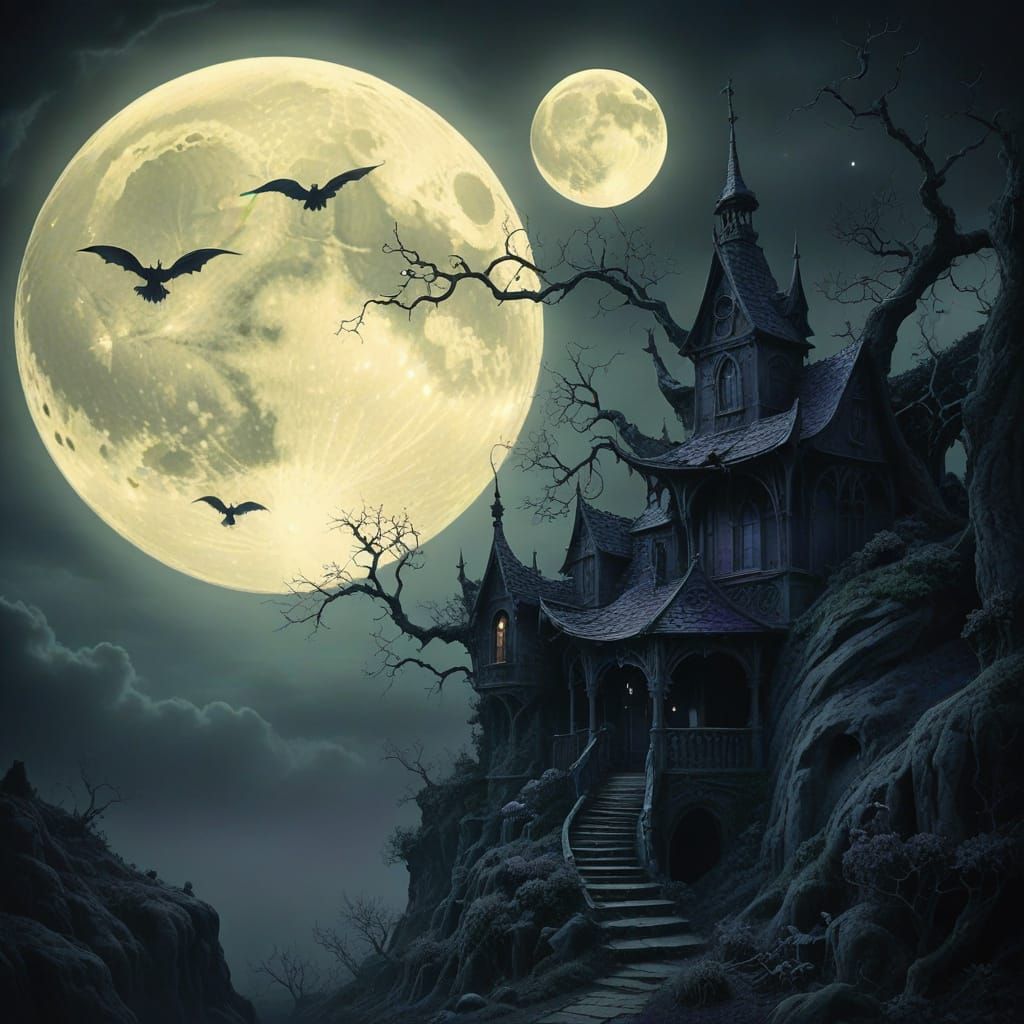 Mystical Moonlit Dreamscape in a Gothic Surrealist Style