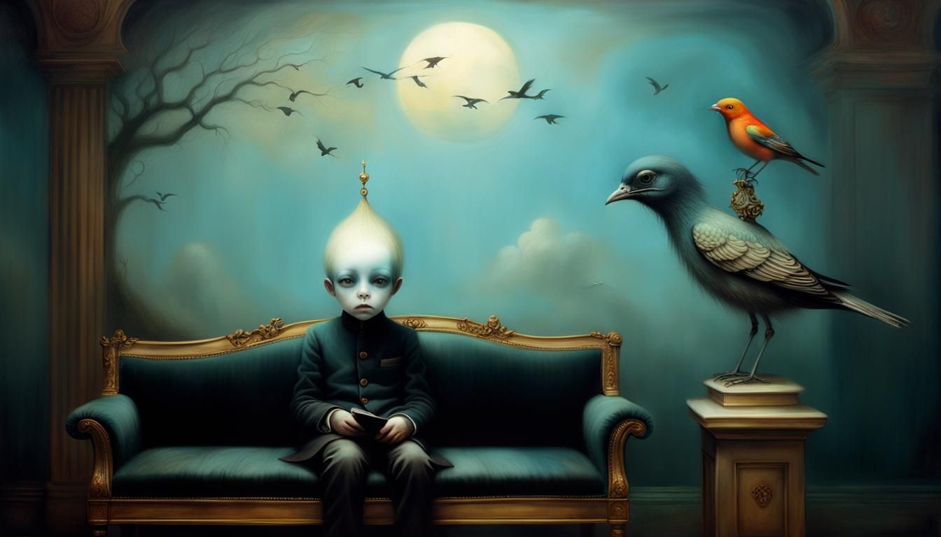 Surreal Bird Perched on Boy's Head