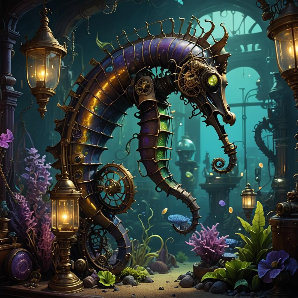 Steampunk Seahorse Aquarium with Alien Creatures