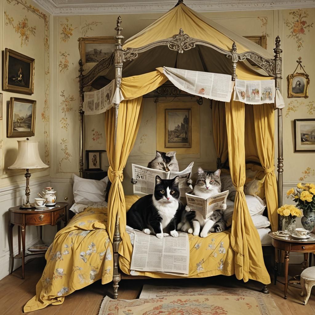 Cats Reading Newspaper Served Tea by Dog