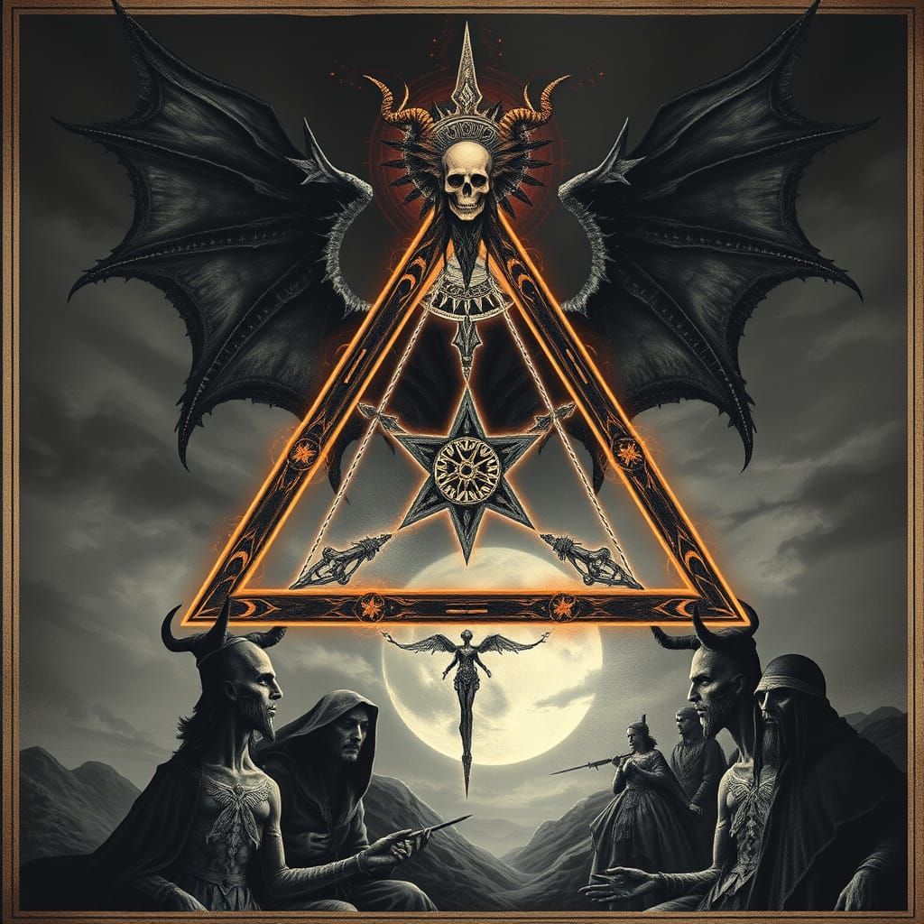 Gothic Enneagram Design with Wings and Fire