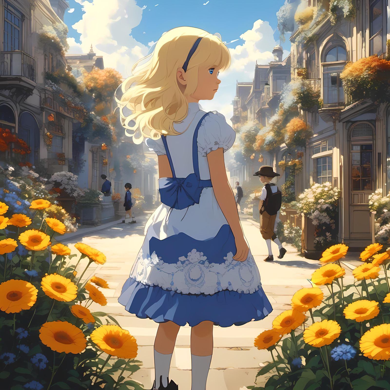 Blonde Girl in Glitchcore Victorian Cityscape