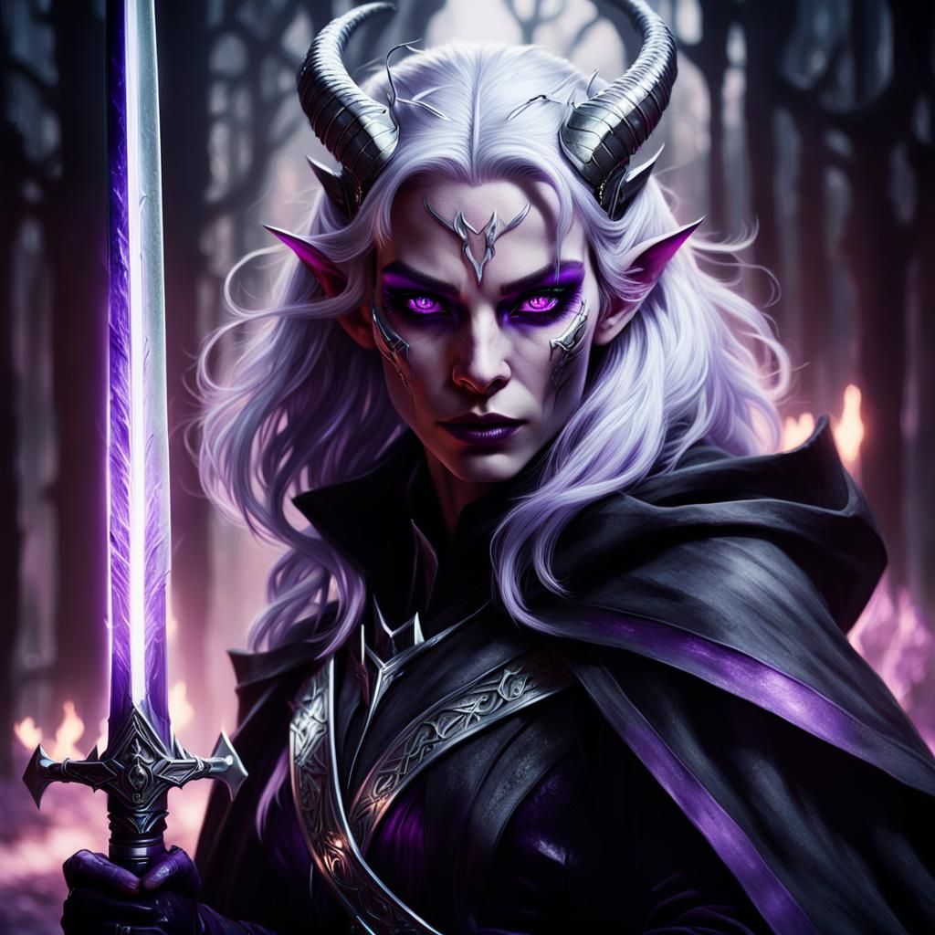 Tiefling Warrior with Glowing Sword in Dark Fantasy Art