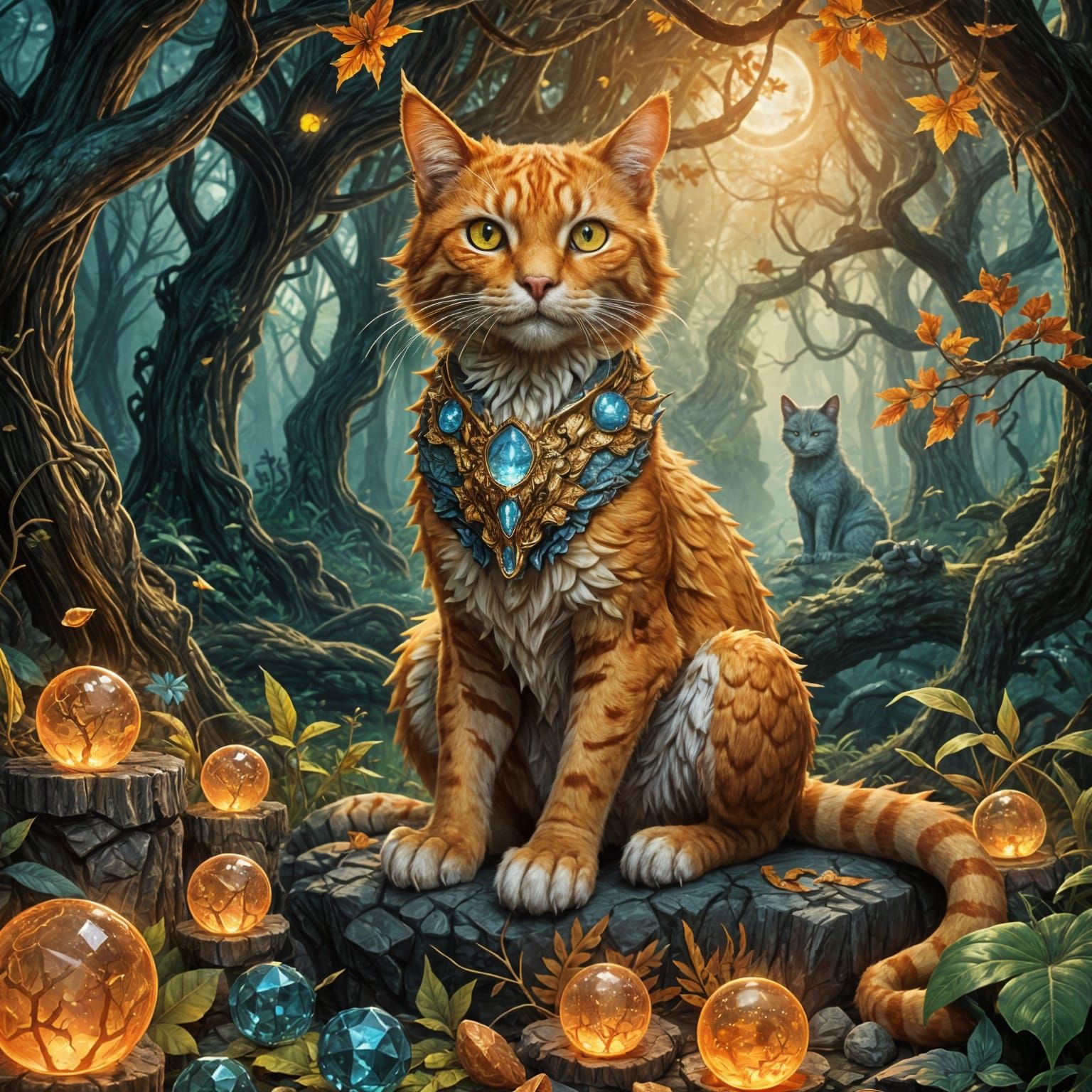 Whimsical Orange Cat Dragon in Treasure Hoard