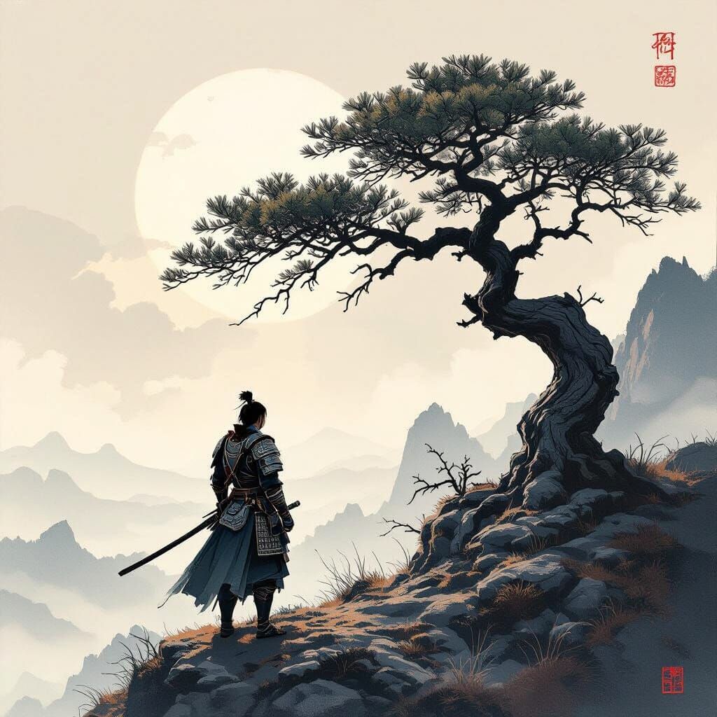 Samurai on Mountain Peak: Ethereal Landscape in Chinese Ink ...