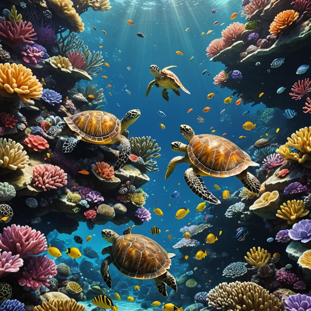 Underwater Turtles in Coral Reef: Anime Art