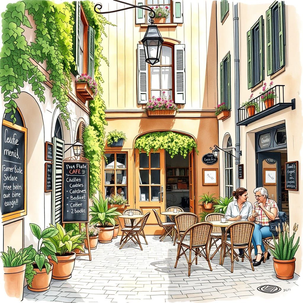 Charming European Street Cafe in Sunlit Alley