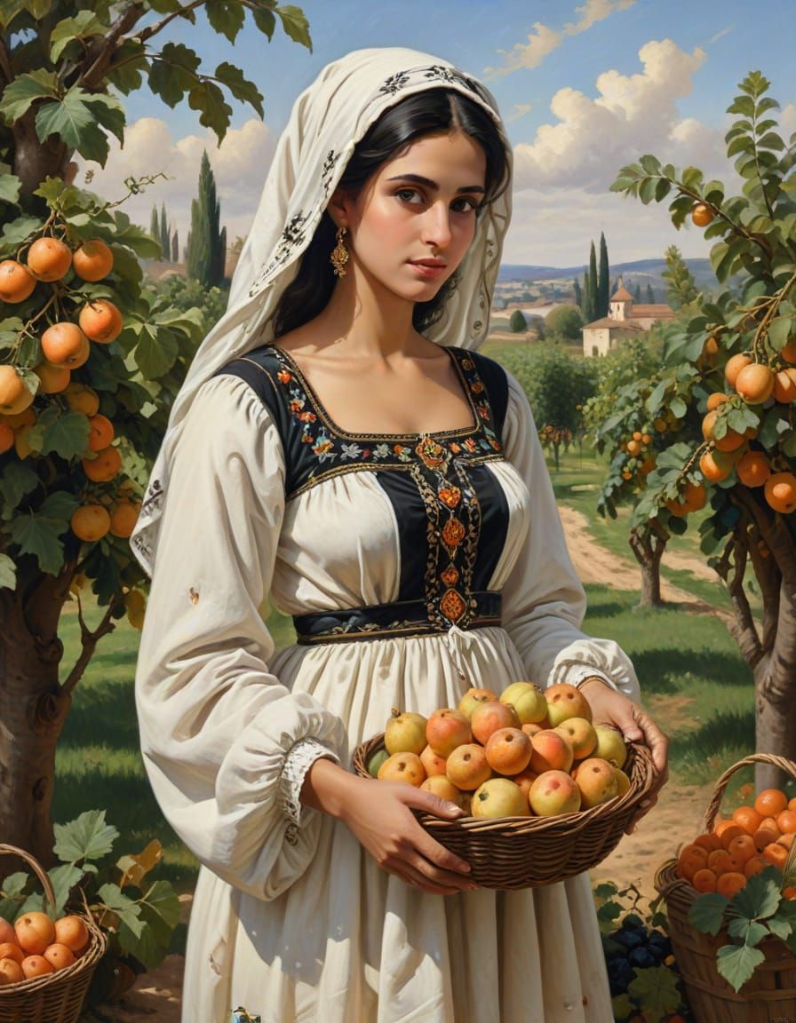 Arab Woman with Fruit Cart, Oil Painting