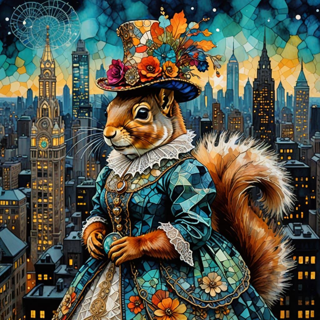 Ethereal Victorian Squirrel in Urban Dreamscape