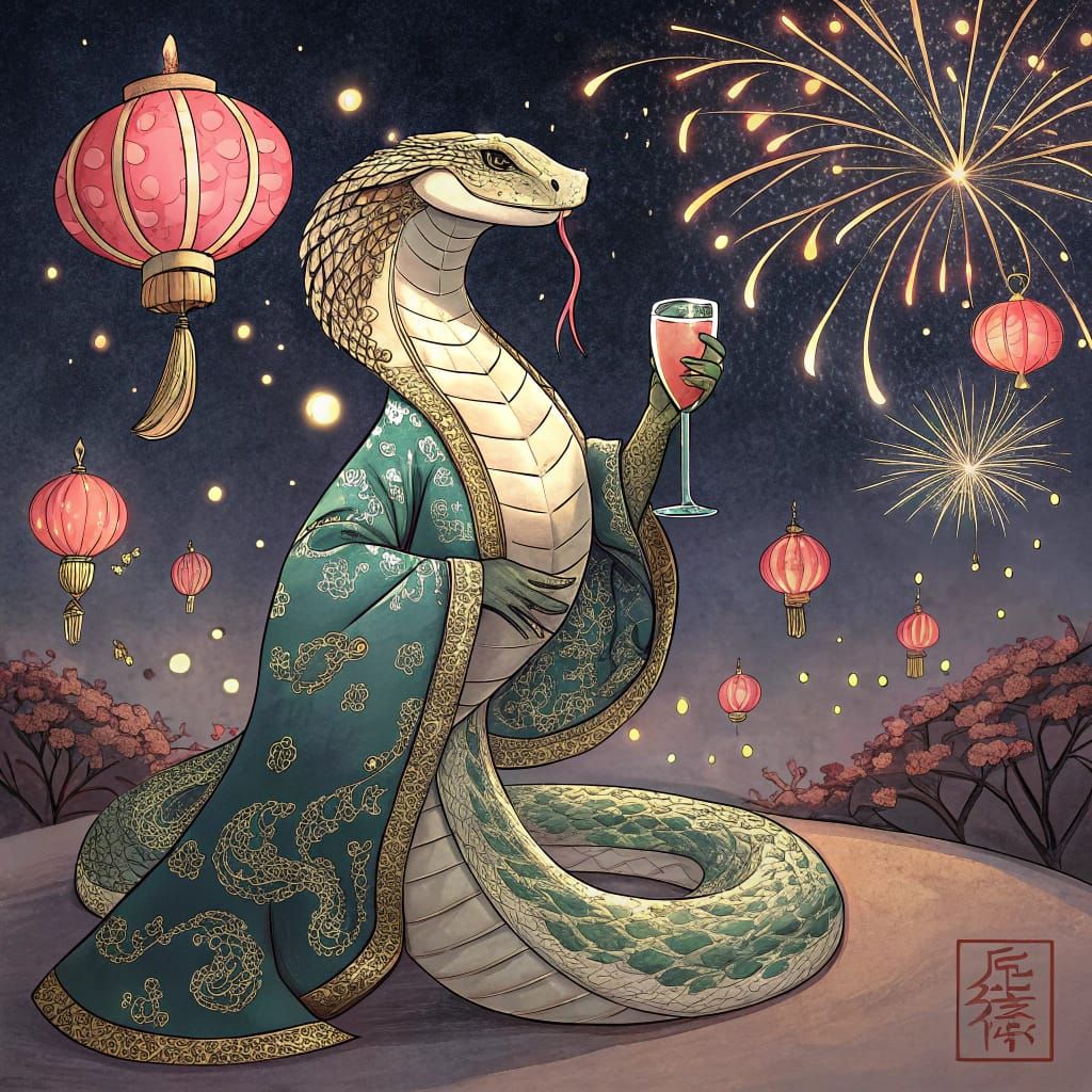 Snake in Futuristic Cheongsam Dress with Fireworks