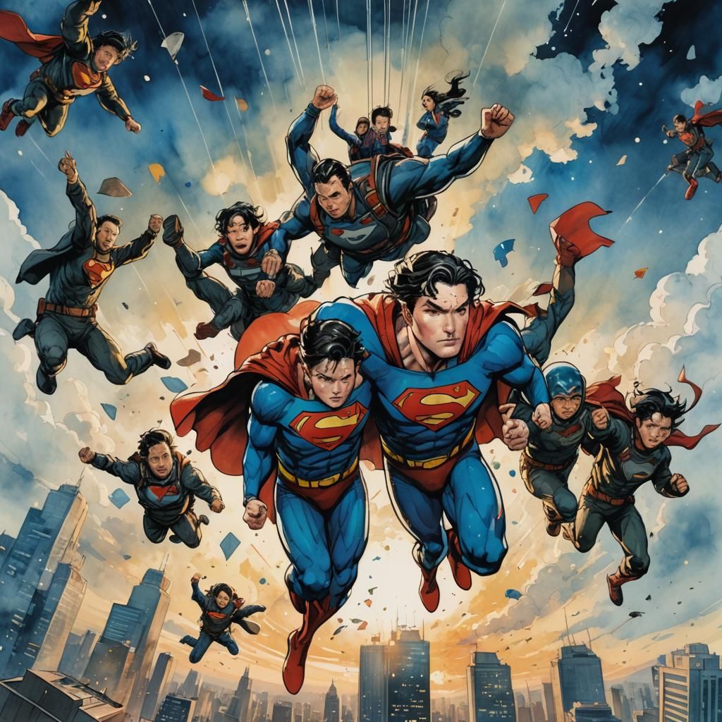 Superman Skydiving: Watercolor Comic Illustration