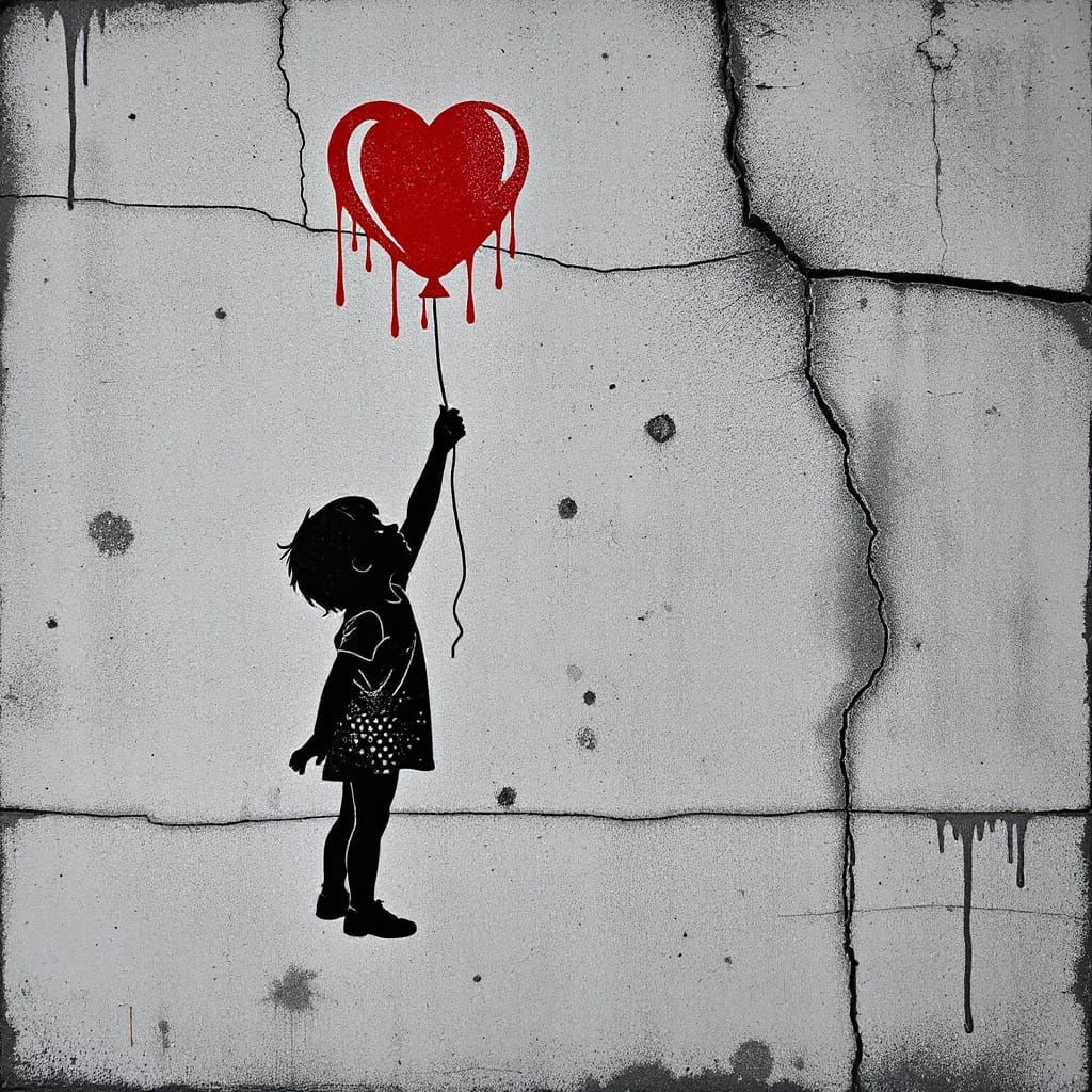 Child Reaching for Red Heart Balloon Stencil on Concrete Wal...
