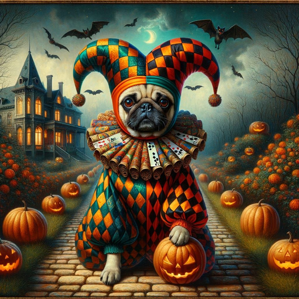 At Halloween - Pug in Harlequin Jester Costume, True to His ...