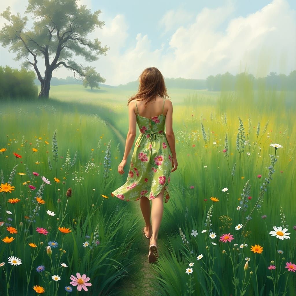 Woman in Floral Dress in Lush Meadow, Impressionist Style
