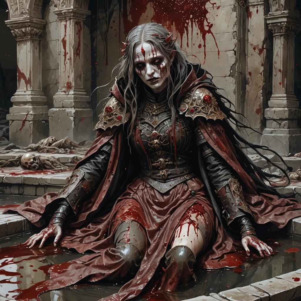 Gothic fantasy concept art. Medium shot. A dead woman lies i...