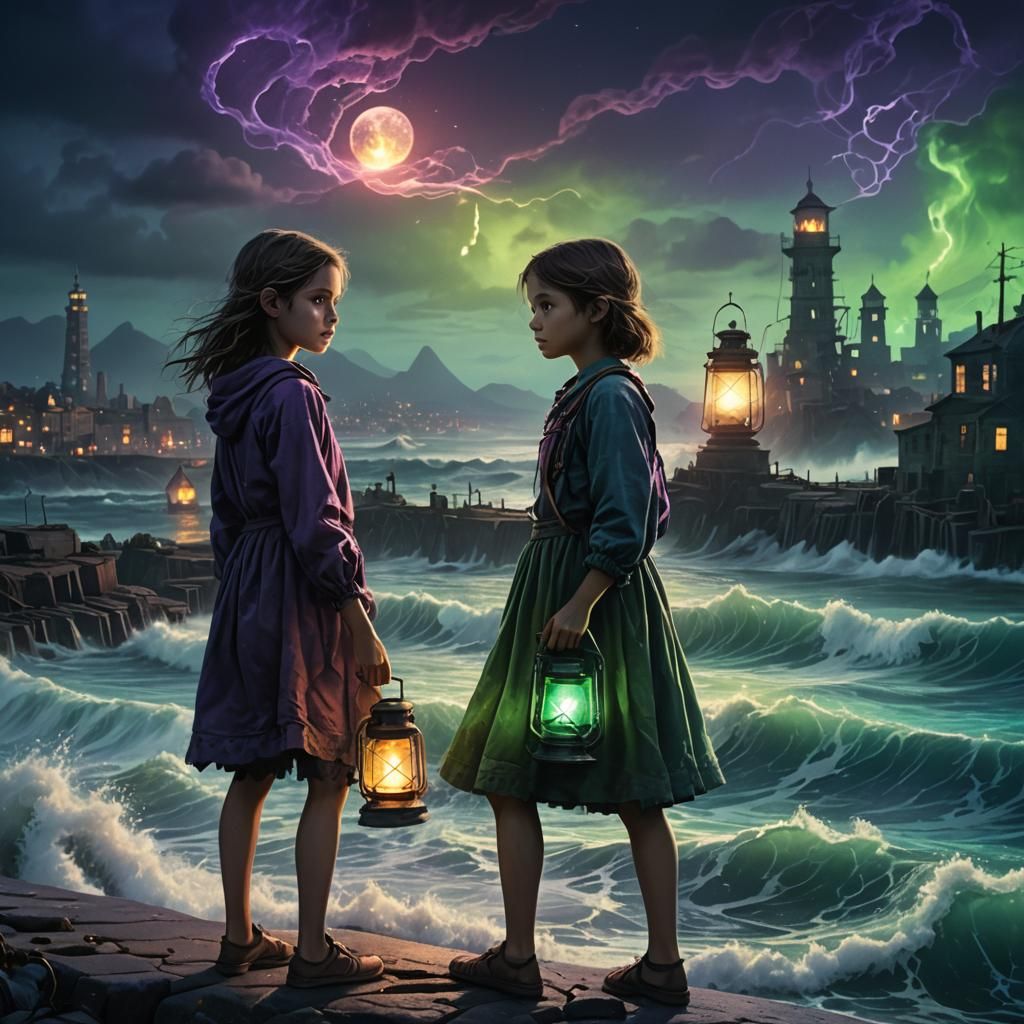 Girl with Lantern on Polluted Shore: Matte Painting