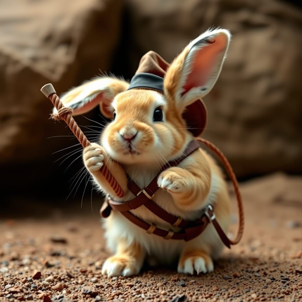 Adorable Bunny Indiana Jones with a bull-whip