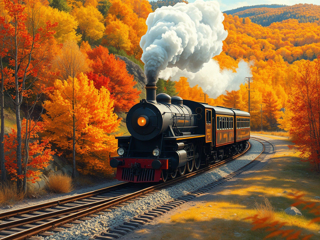 Nostalgic Steam Train in Autumn Landscape as Impressionistic...