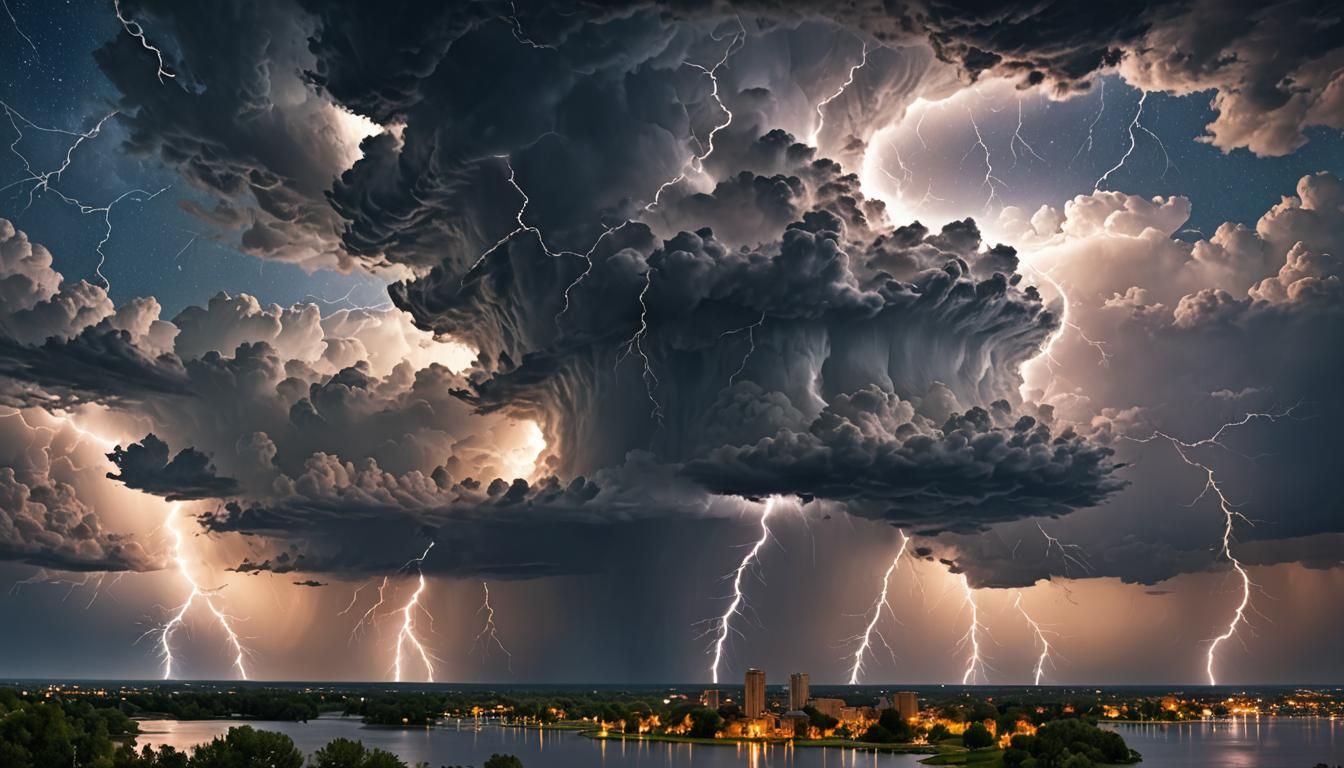 Dramatic Tornado and Lightning Storm Over City
