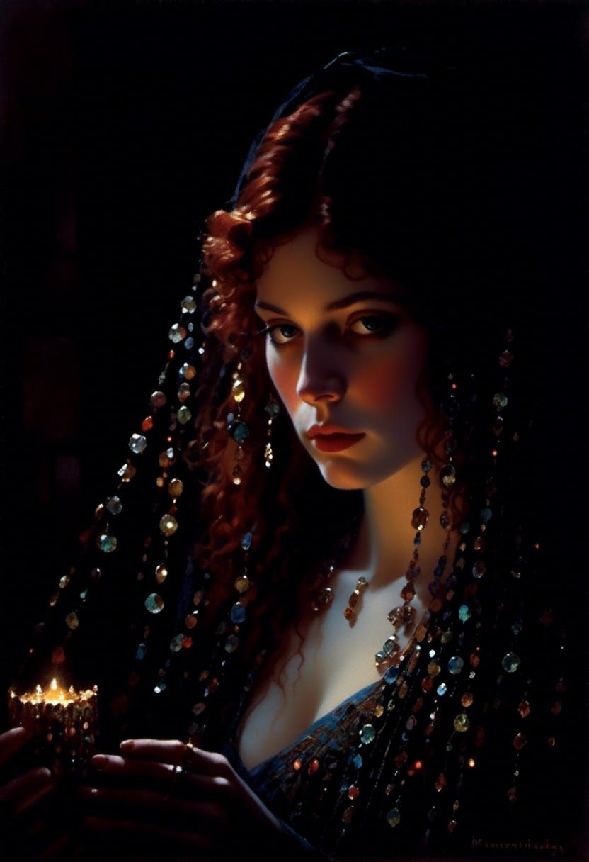 Gem-Encrusted Lady in Moonlight: Romantic Portrait