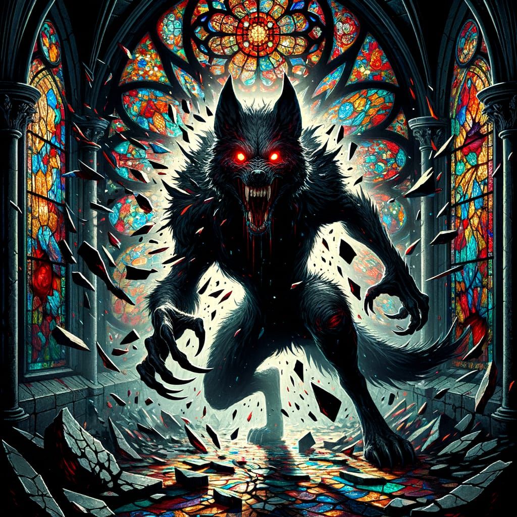 Black Cadejo Shatters Church Window: Dark Gothic Horror