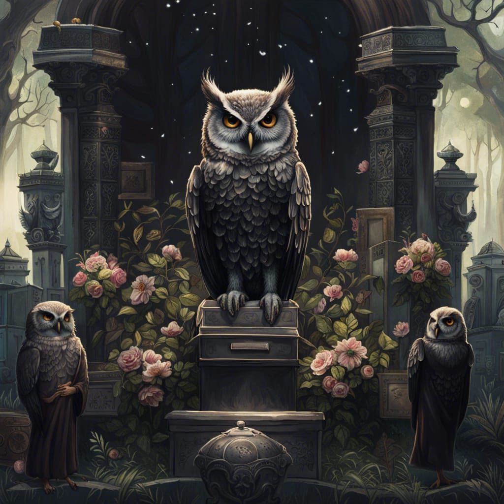 Owl Attends Funeral: Whimsical Cemetery Portrait