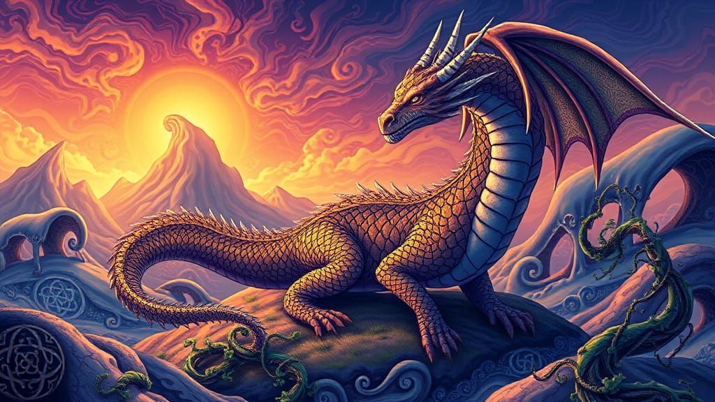 Mystical Luck Dragon in Dreamlike Celtic Landscape
