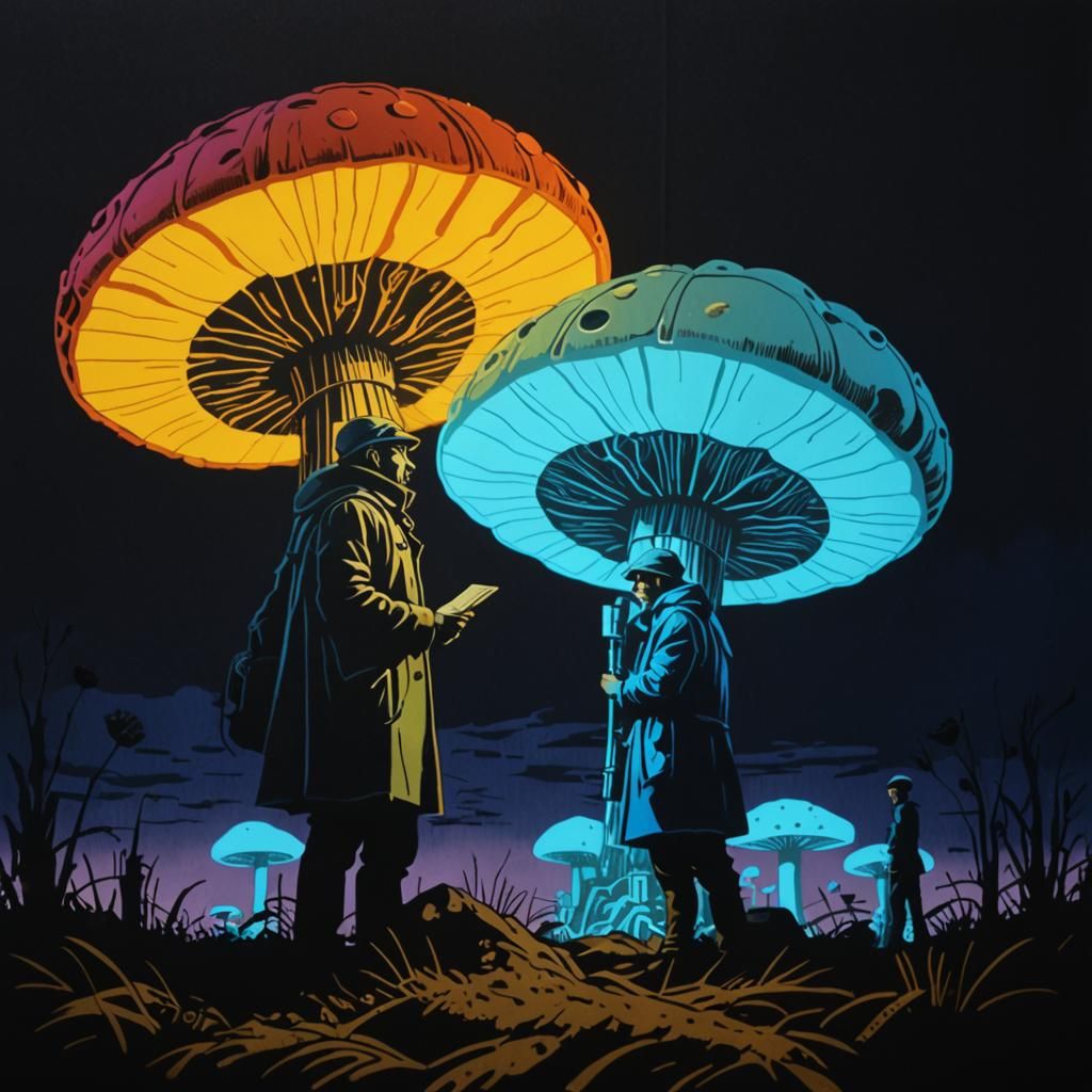 Italian Activists Cultivating Mushrooms: Linocut on Fabric